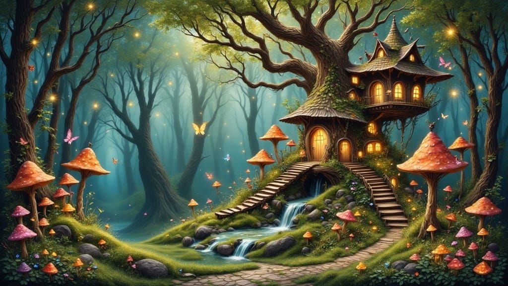 Whimsical Fairy Treehouse in a Fantastical Forest