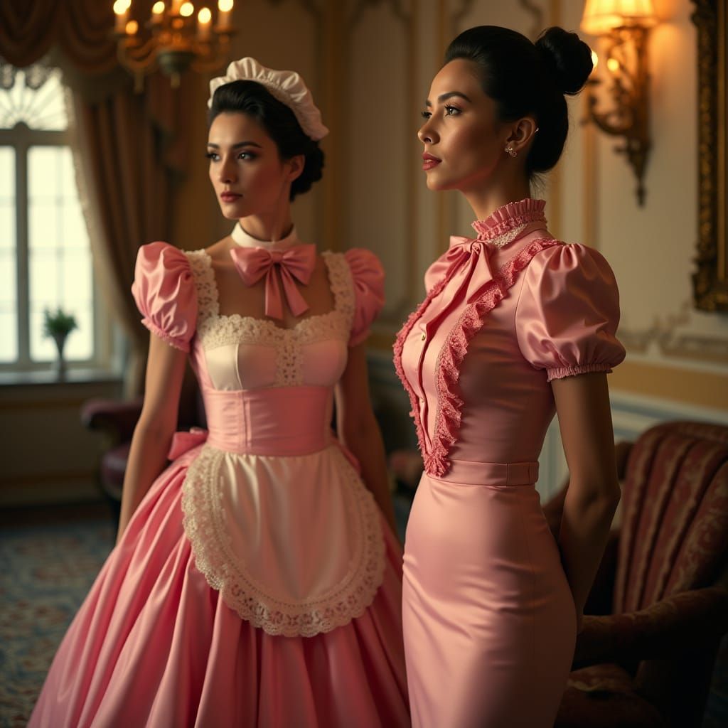 Elegant Sissy Maid and Mistress in Grand Interior