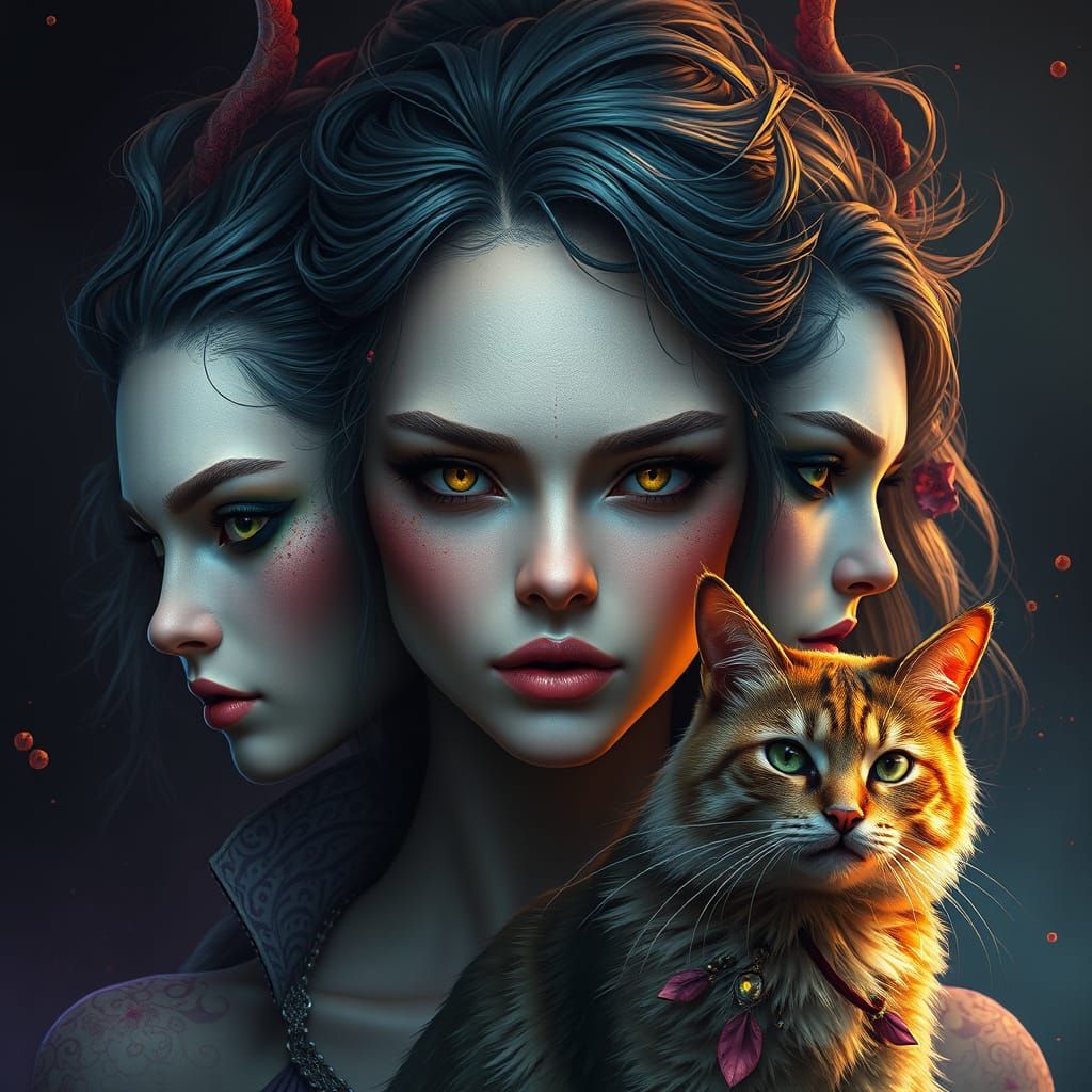 Woman with Triple Faces in Fantastical Landscape