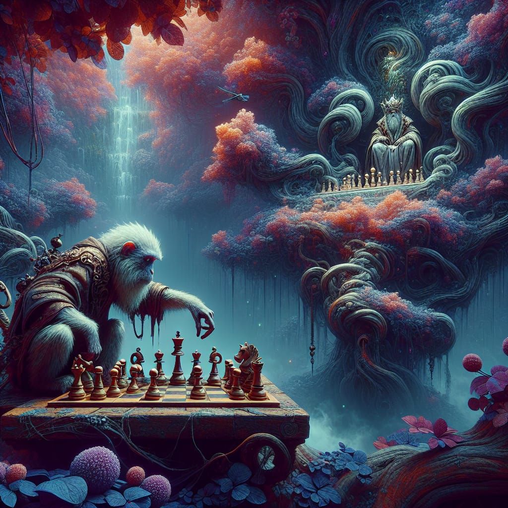 Chess-Playing Monkey in a Detailed Fantasy Artscape