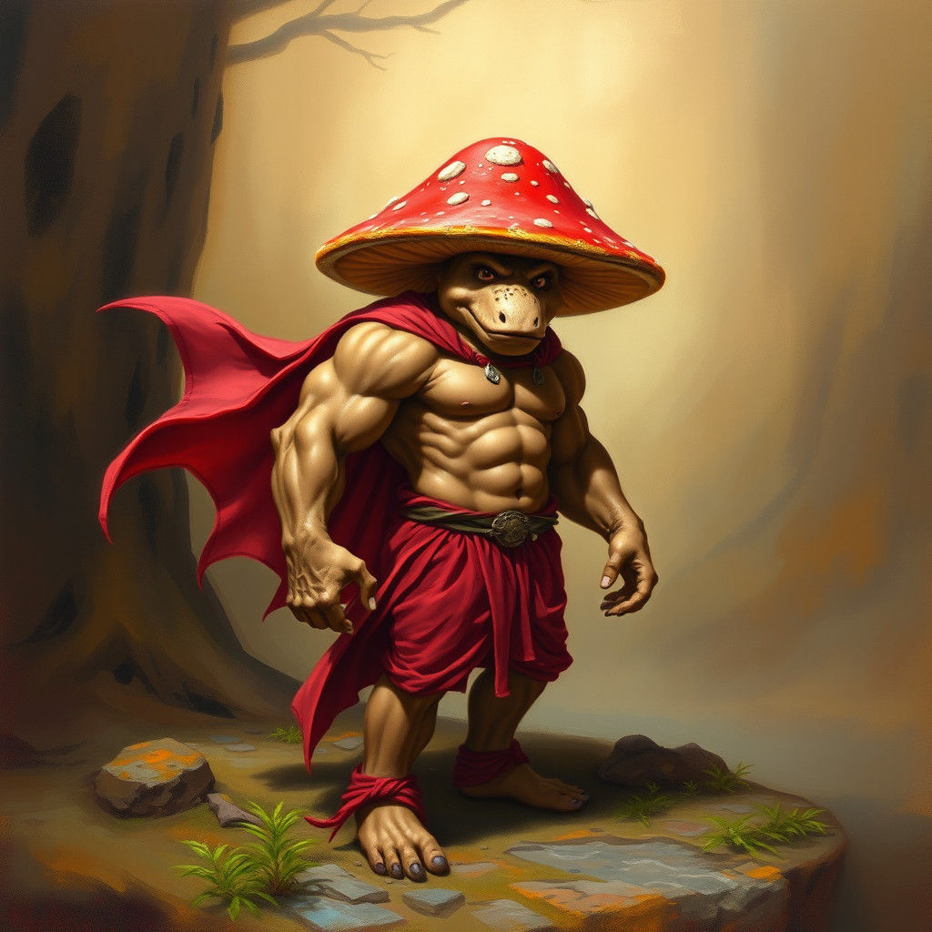 Surreal Mushroom Adventurer in Vibrant Red Cape and Trunks