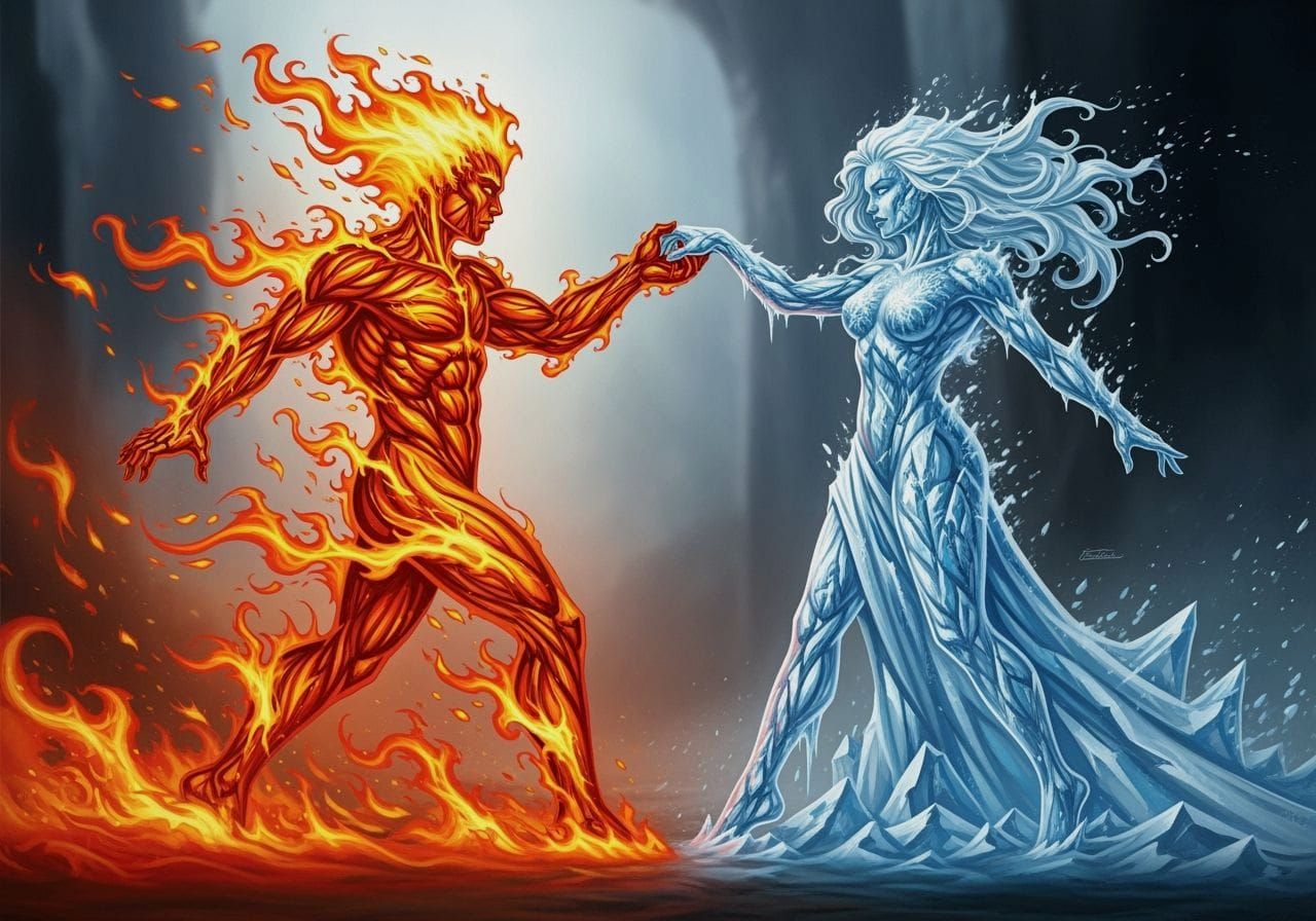 Fiery Man Dances With Ice Woman in Fantasy Art