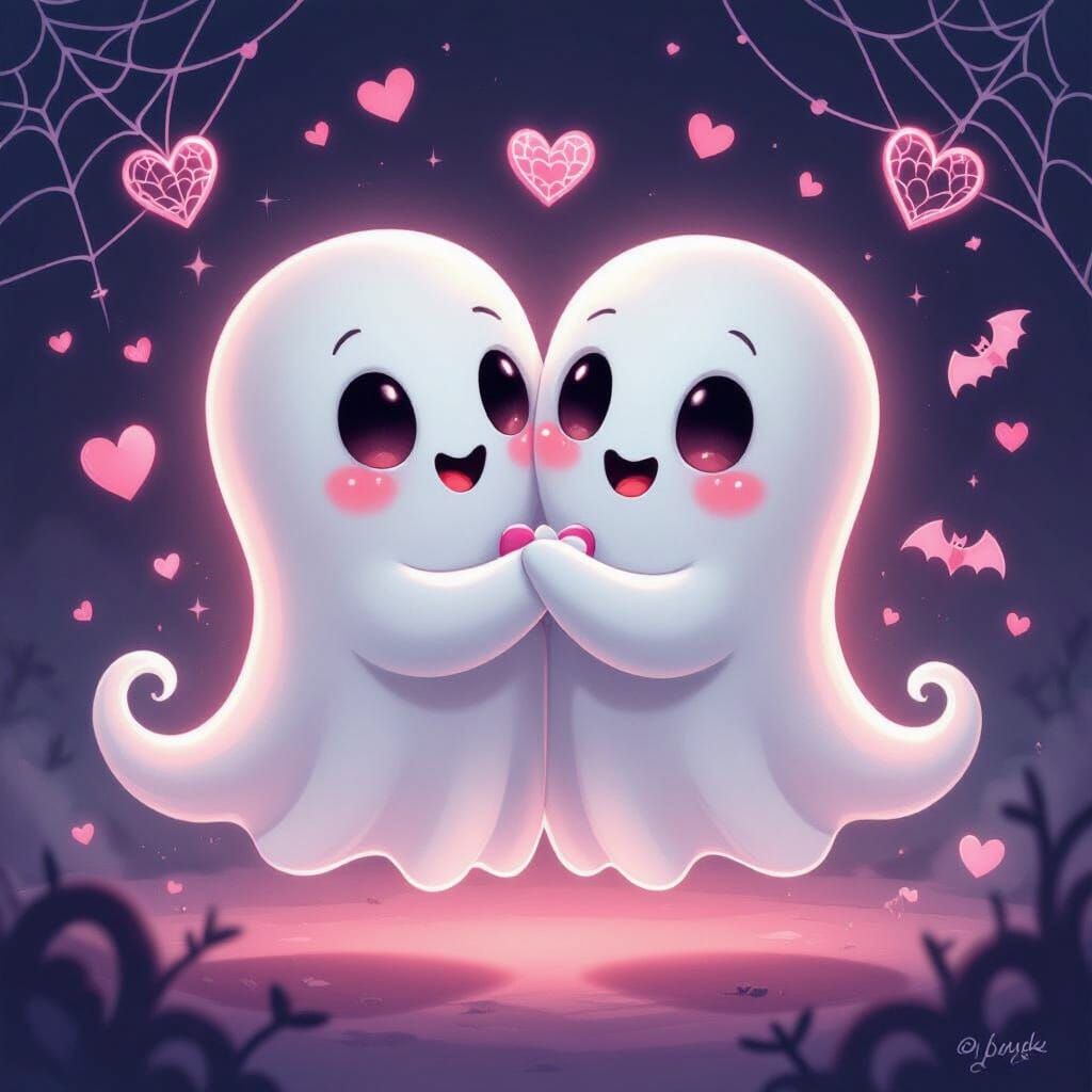 Cute Ghosts Embrace in Spooky Valentine's Romance
