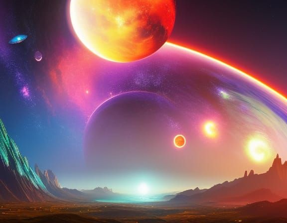 Ethereal Galaxy World with Vibrant Neon Planets and Majestic...