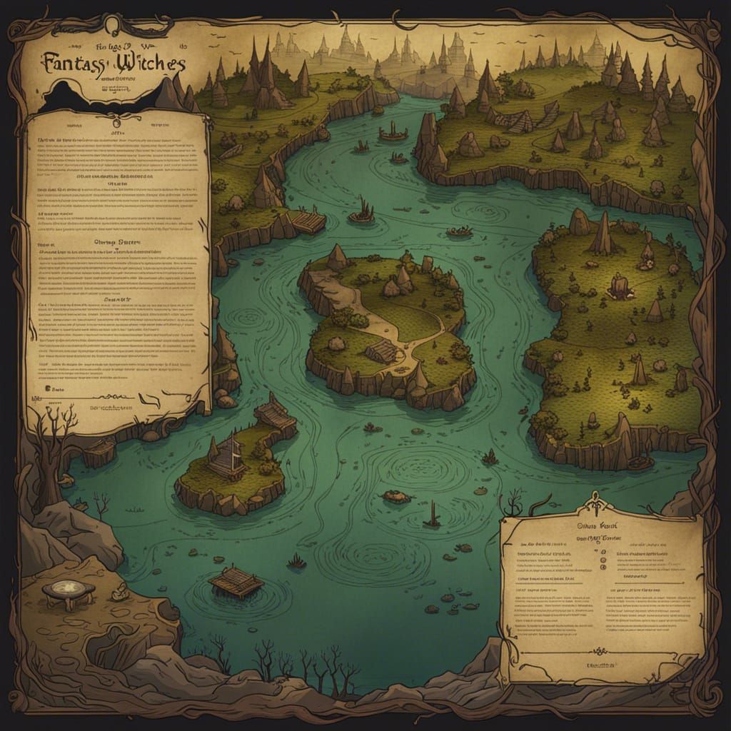 Spooky Map of Fantasy Witches' Swamps in Grim, Hand-Drawn St...
