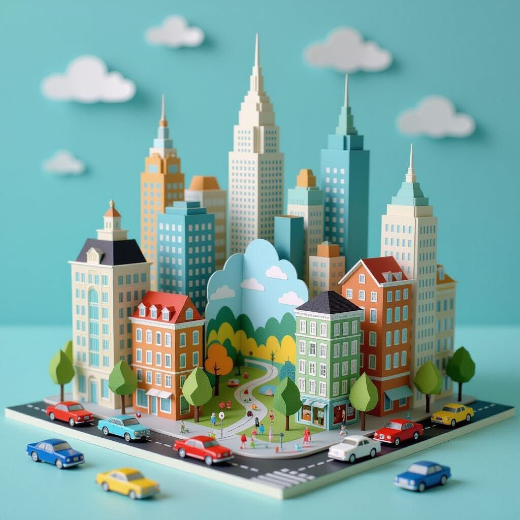 Intricate Paper City Diorama in Studio Ghibli Style