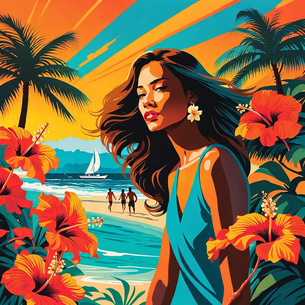 Glowing Tropical Paradise Scene with Diverse Beachgoers