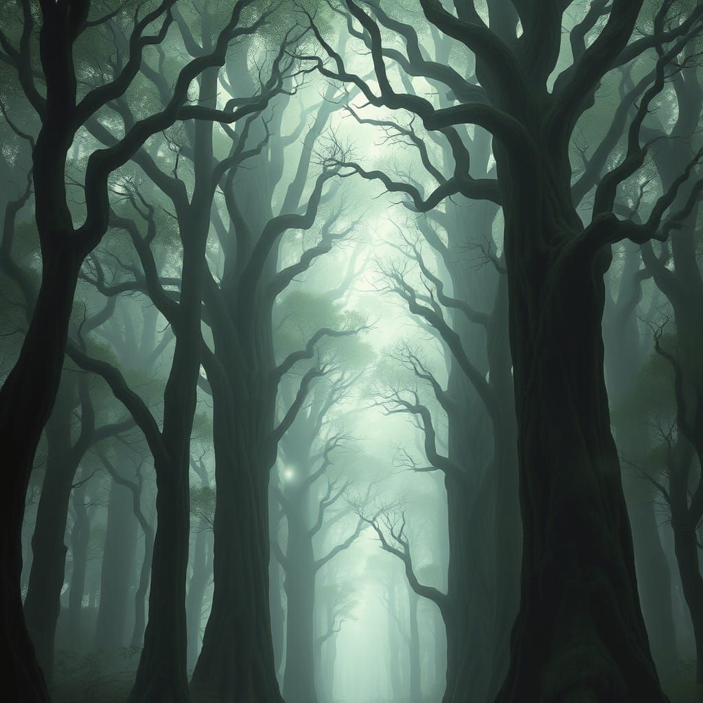 Ancient Forest Cathedral in Pearlescent Fog