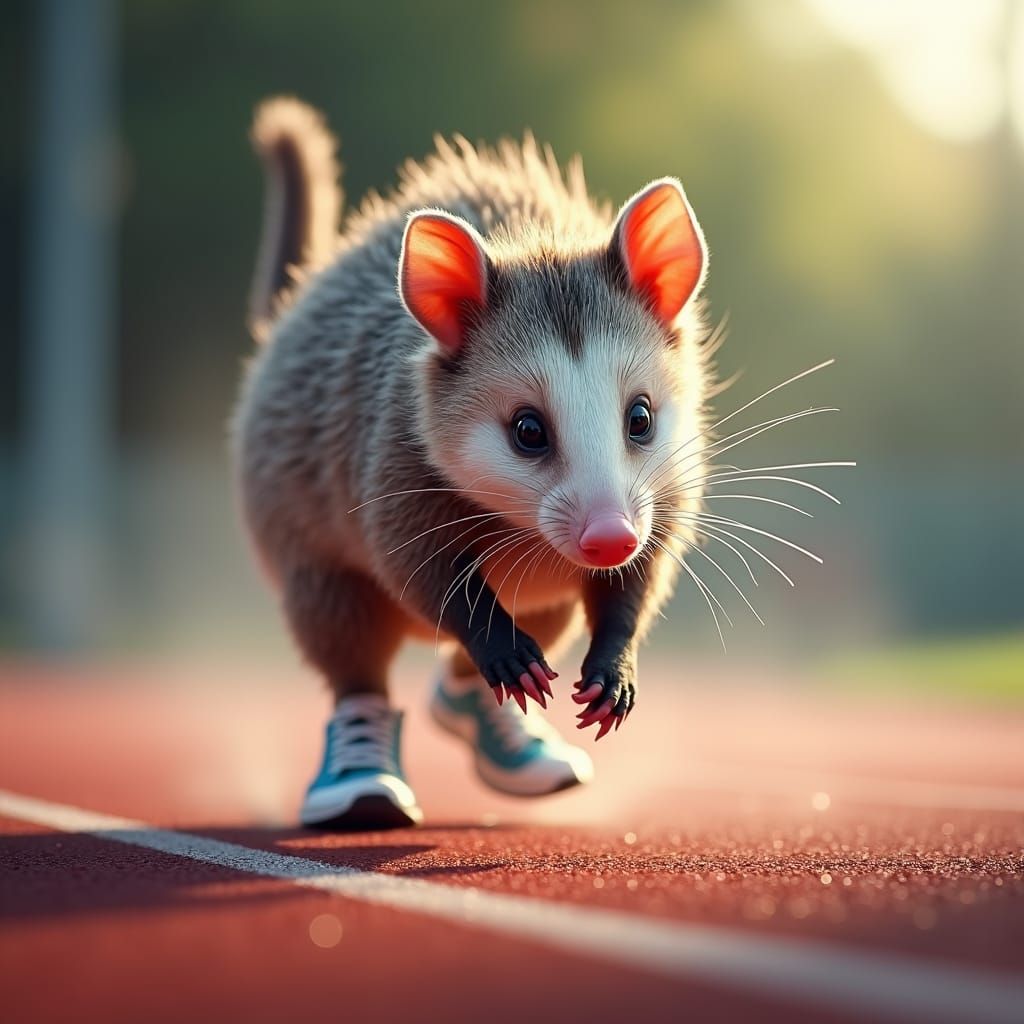 Athletic Opossum in Hyperrealistic Runner's Gear