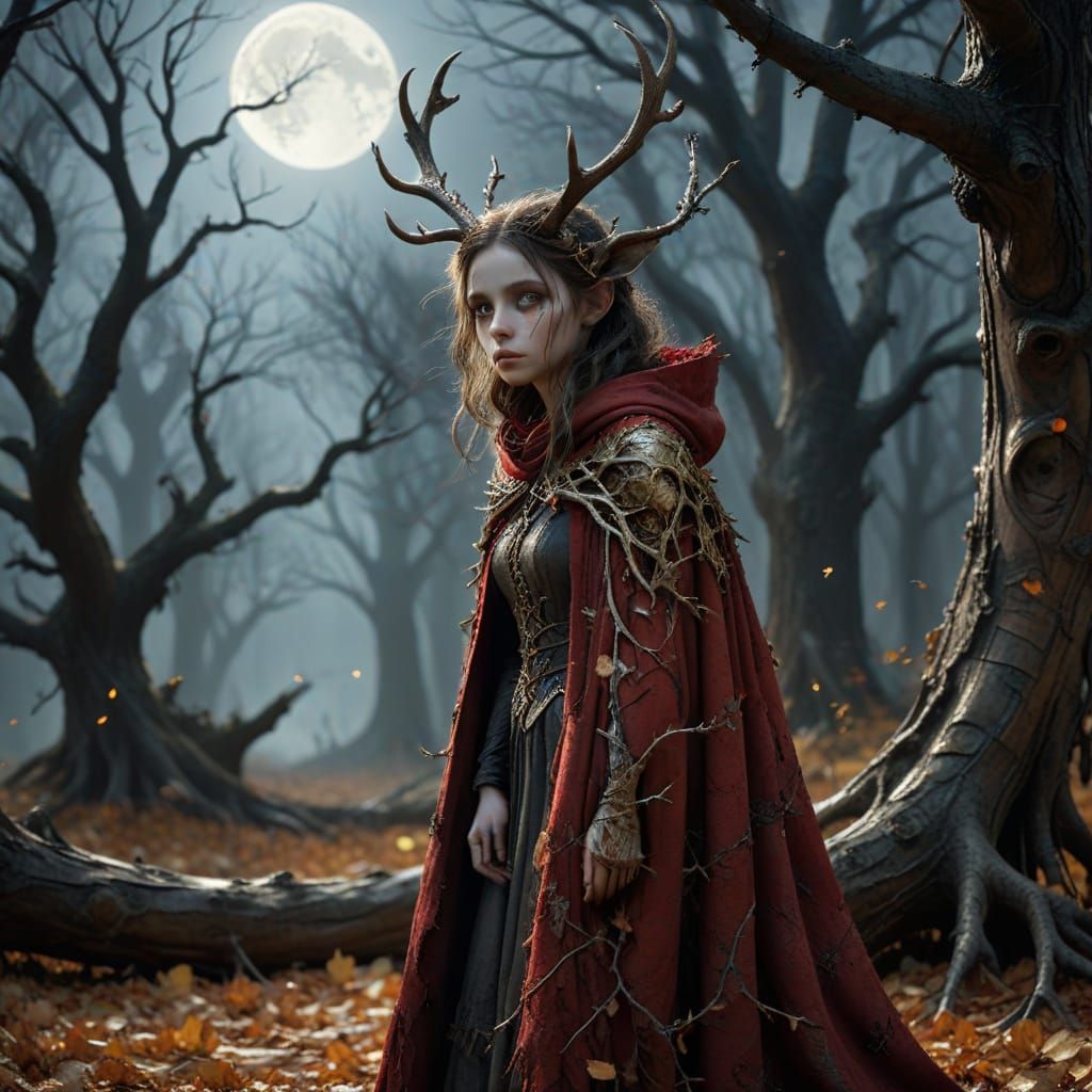 Eerie Forest With Girl in Cloak, Tim Burton Style