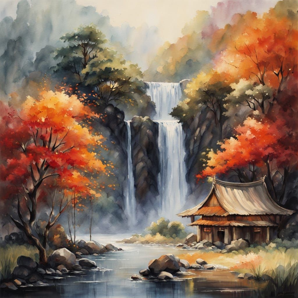 Oriental Watercolor Waterfall in Autumn Forest
