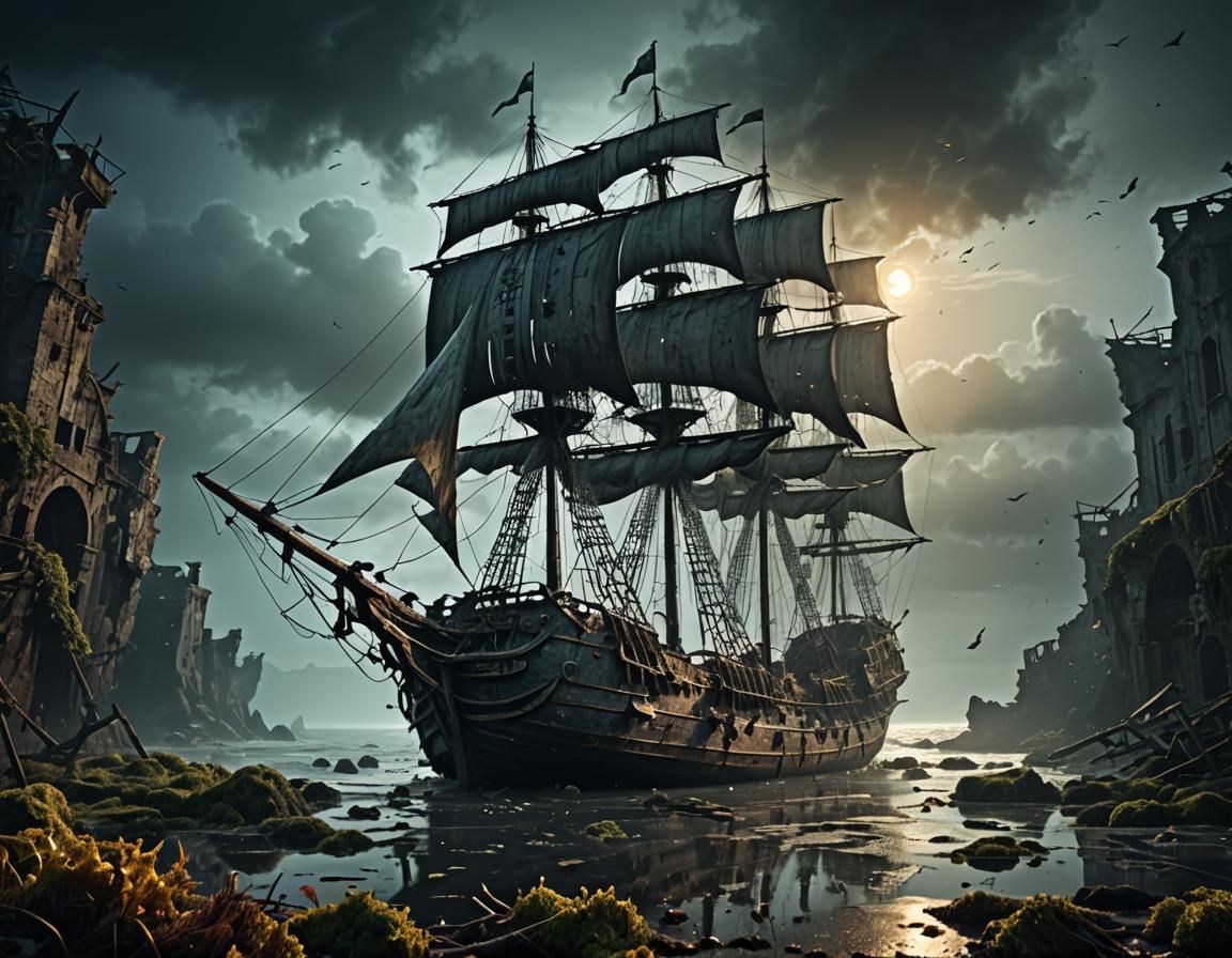 Gothic Sailing Ship Wrecked on a Dark Sea