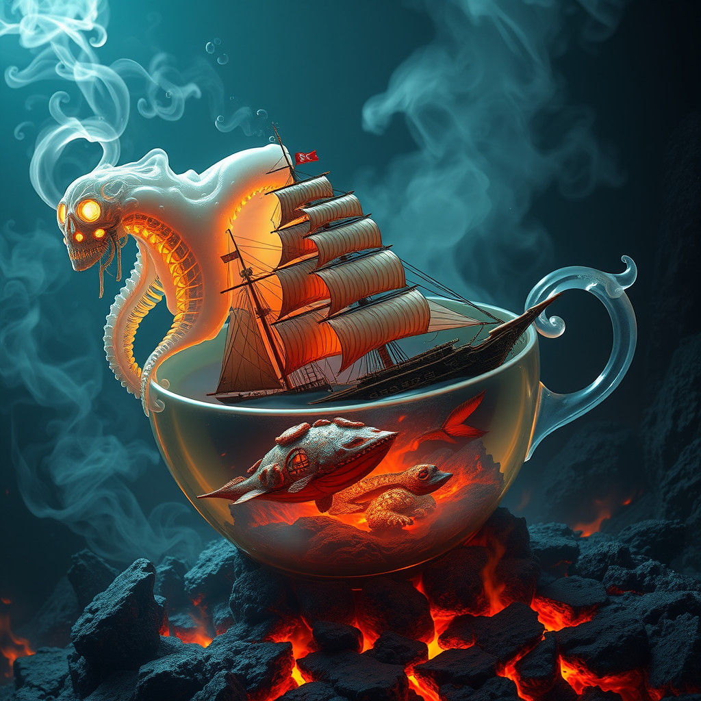 Cybernetic Ameboid Cradles Pirate Shipwreck in Smoldering Vo...