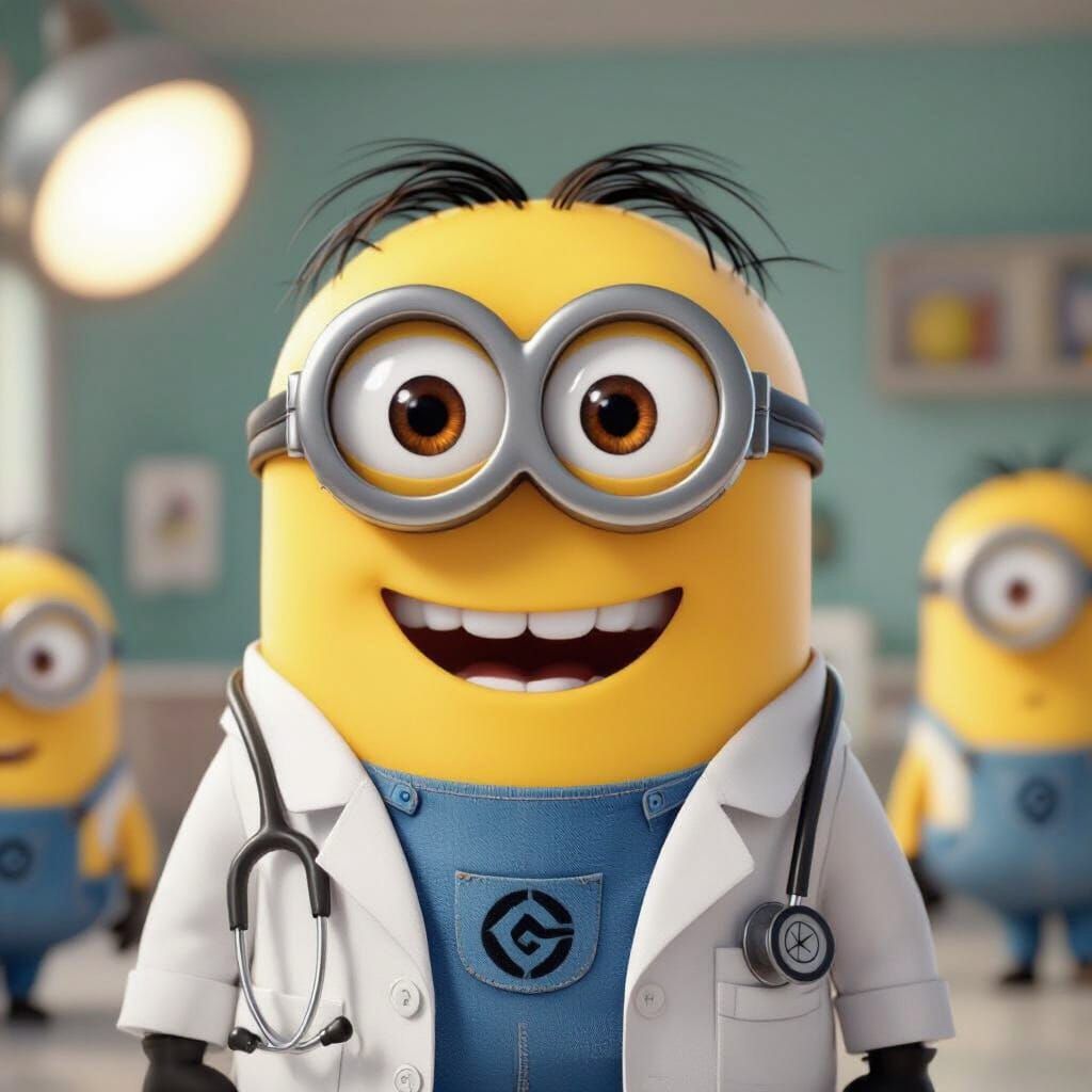 Cheerful Minion Doctor in White Lab Coat