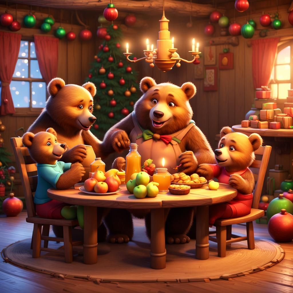 Cute Family of Laughing Bears Celebrates Christmas in Whimsi...