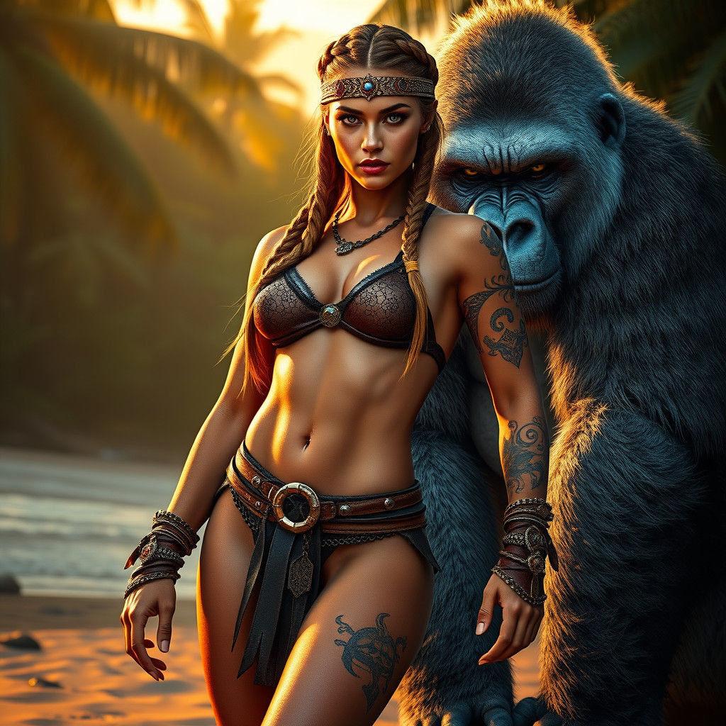 Viking Warrior Goddess in Tropical Jungle with Silver Gorill...