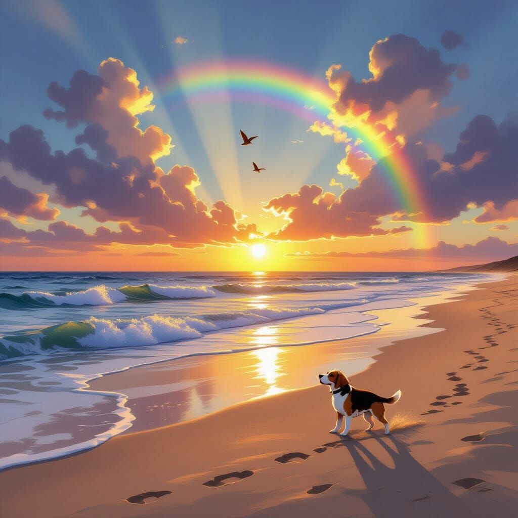 Hopeful Sunset Beach Scene with Rainbow and Dove