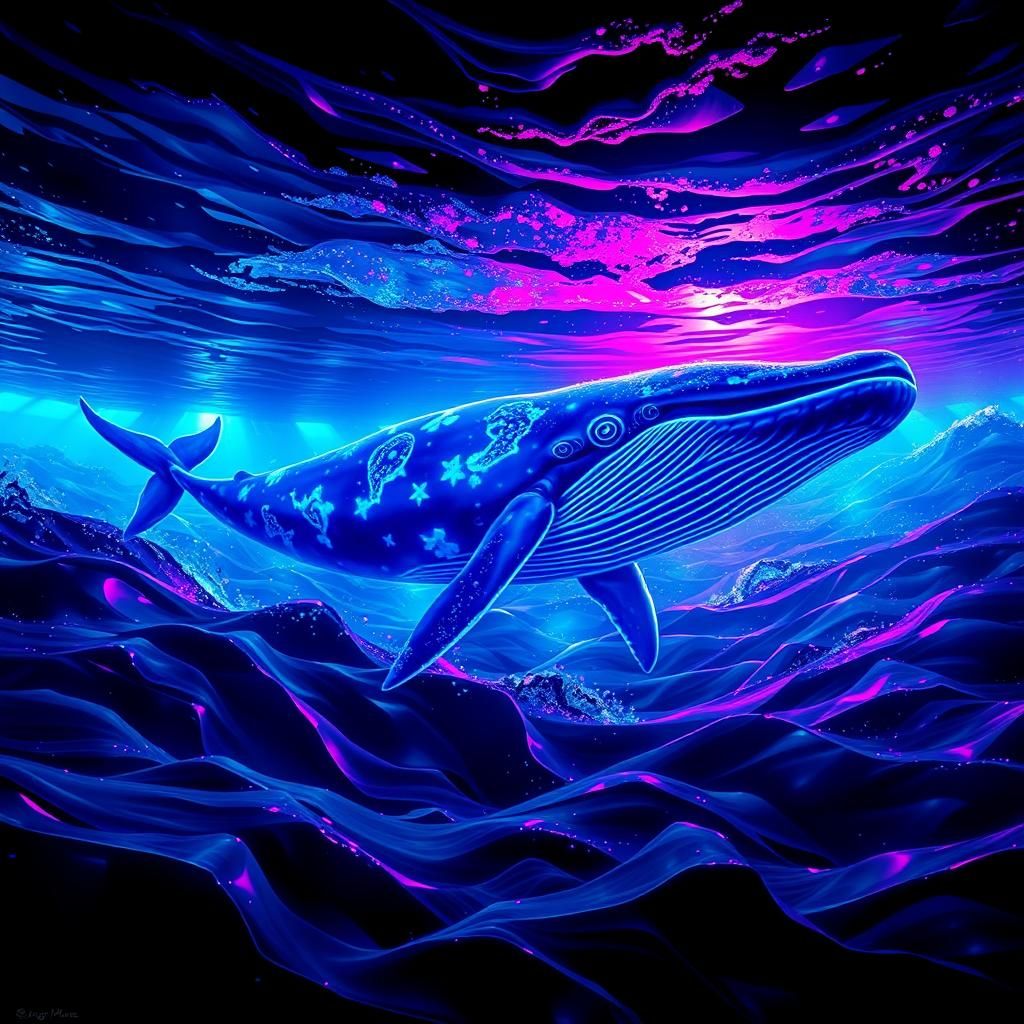 Futuristic Oceanic Scene with Glowing Whale in Neon Blues an...