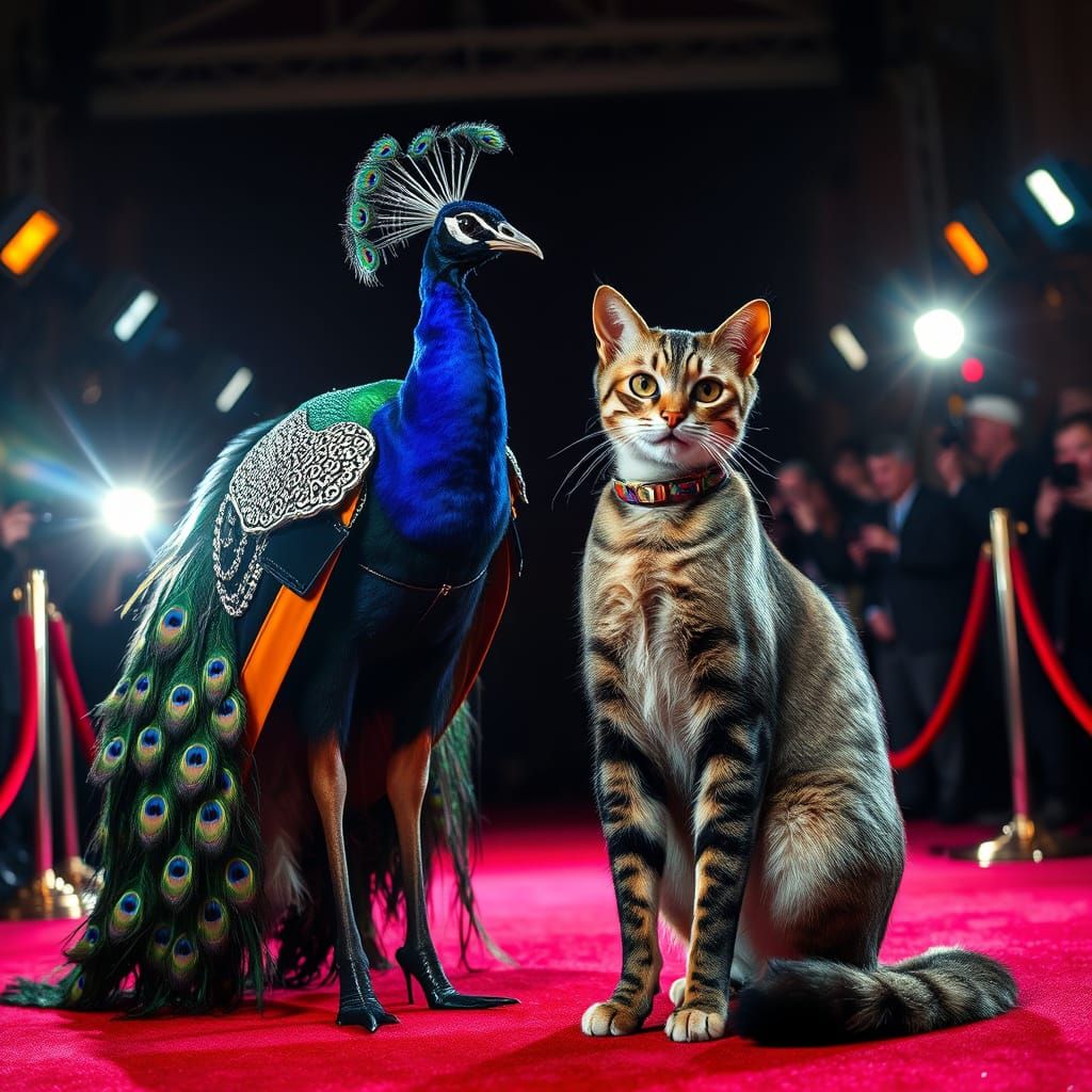 Regal Peacock and Feline Fashionista on Red Carpet