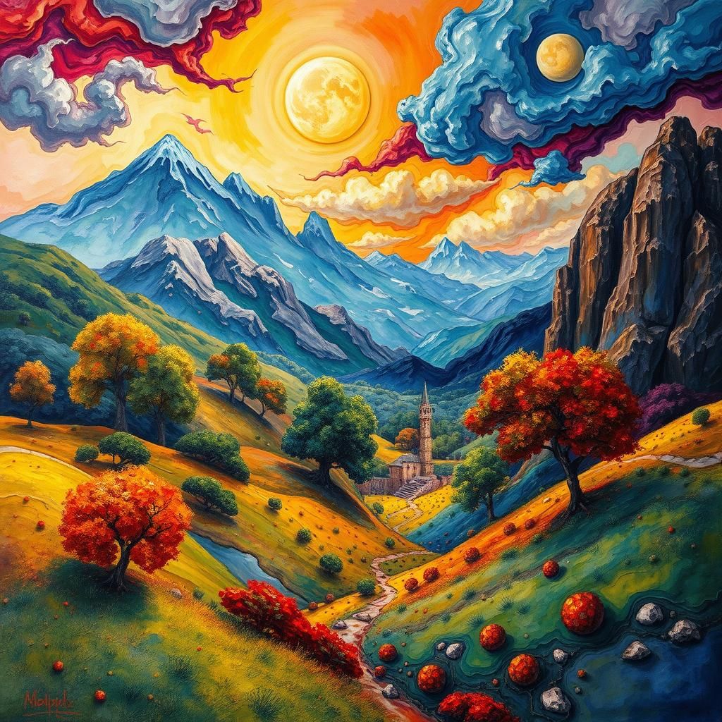 Vibrant Dreamlike Fantasy Landscape with Fantastical Trees a...