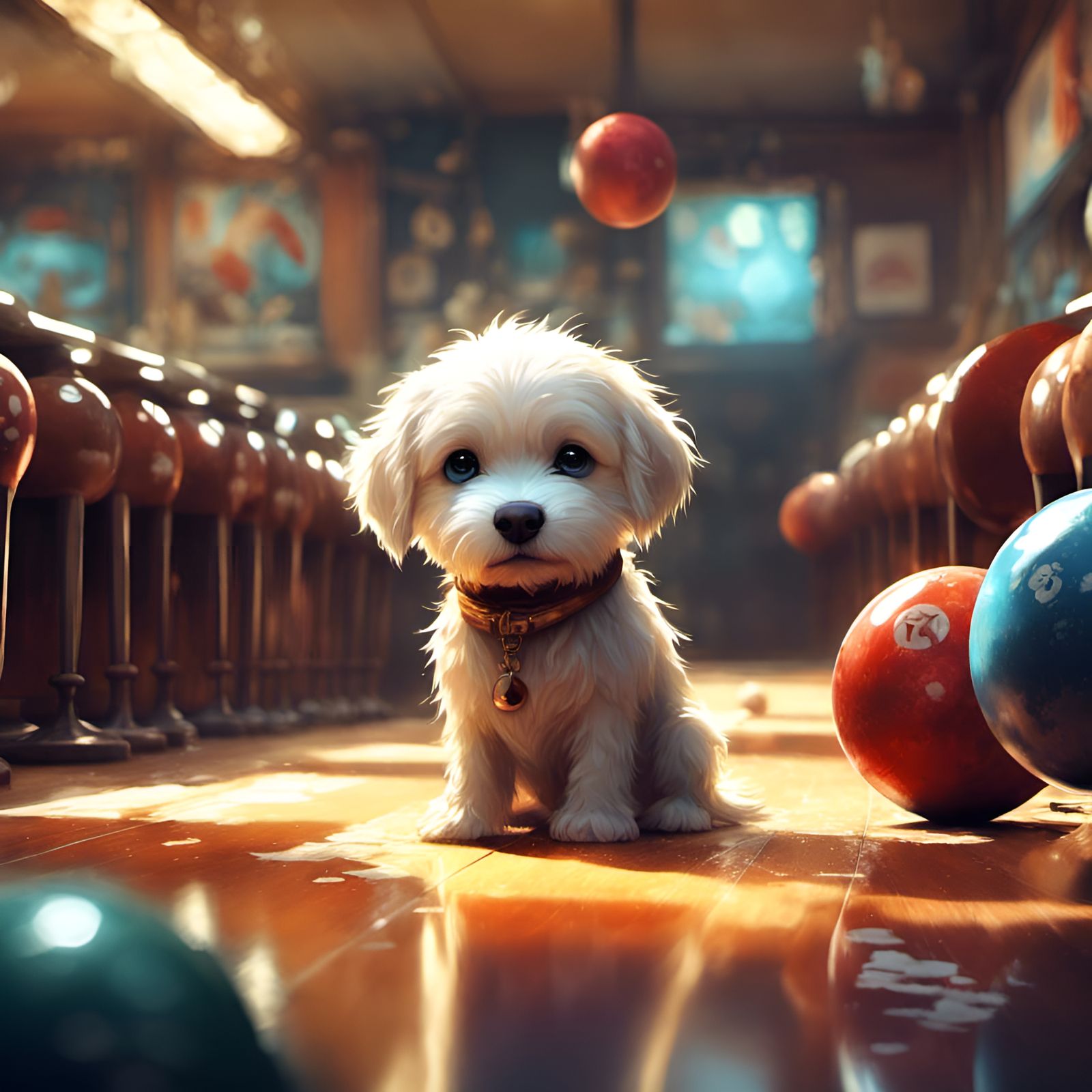 Chibi Dog Holds Bowling Ball in Warm Sunny Daylight
