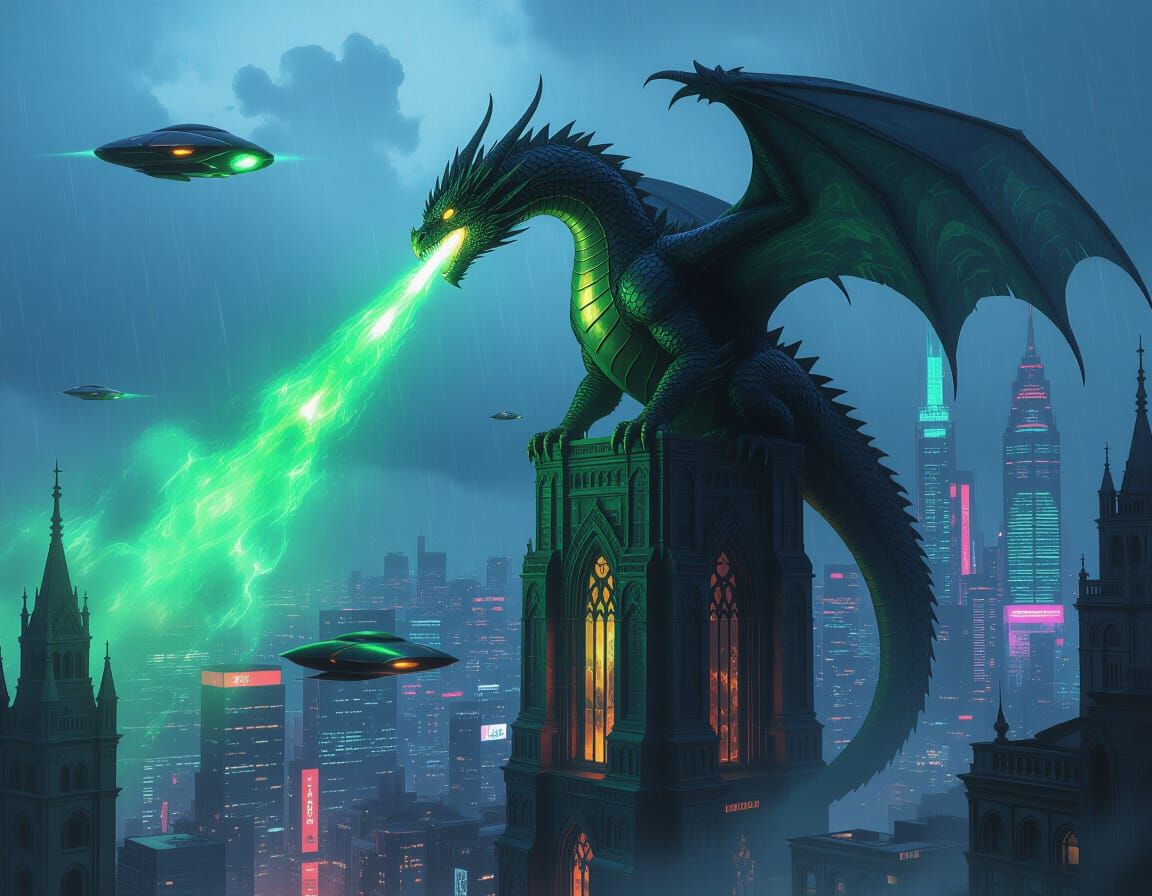Dragon Over Futuristic City in Dark Fantasy Cyberpunk Style