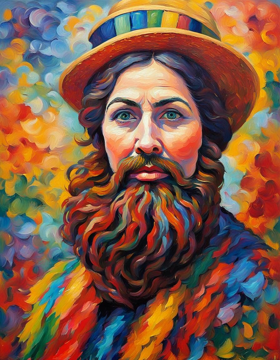 Enigmatic Bearded Lady in Neo-Impressionist Oil Painting