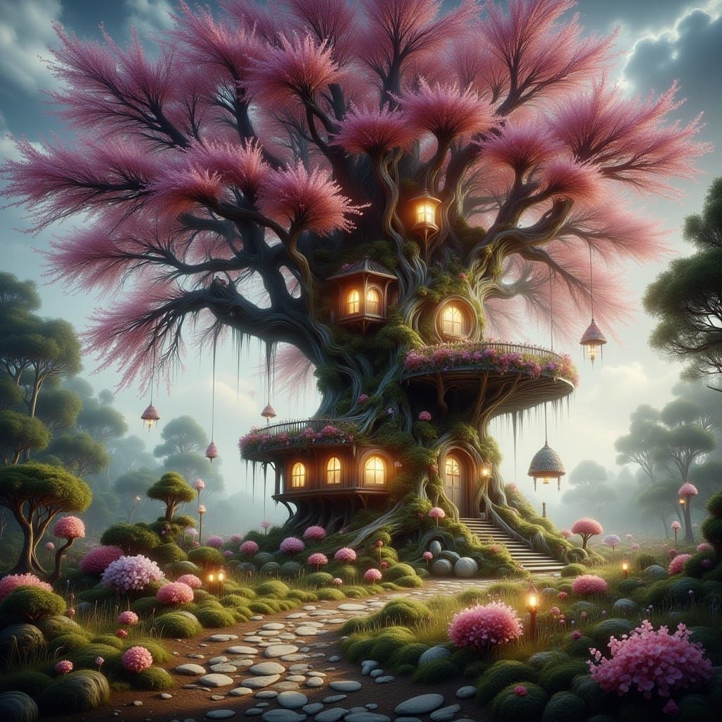 Enchanted Treehouse Fantasy in Surreal Landscape