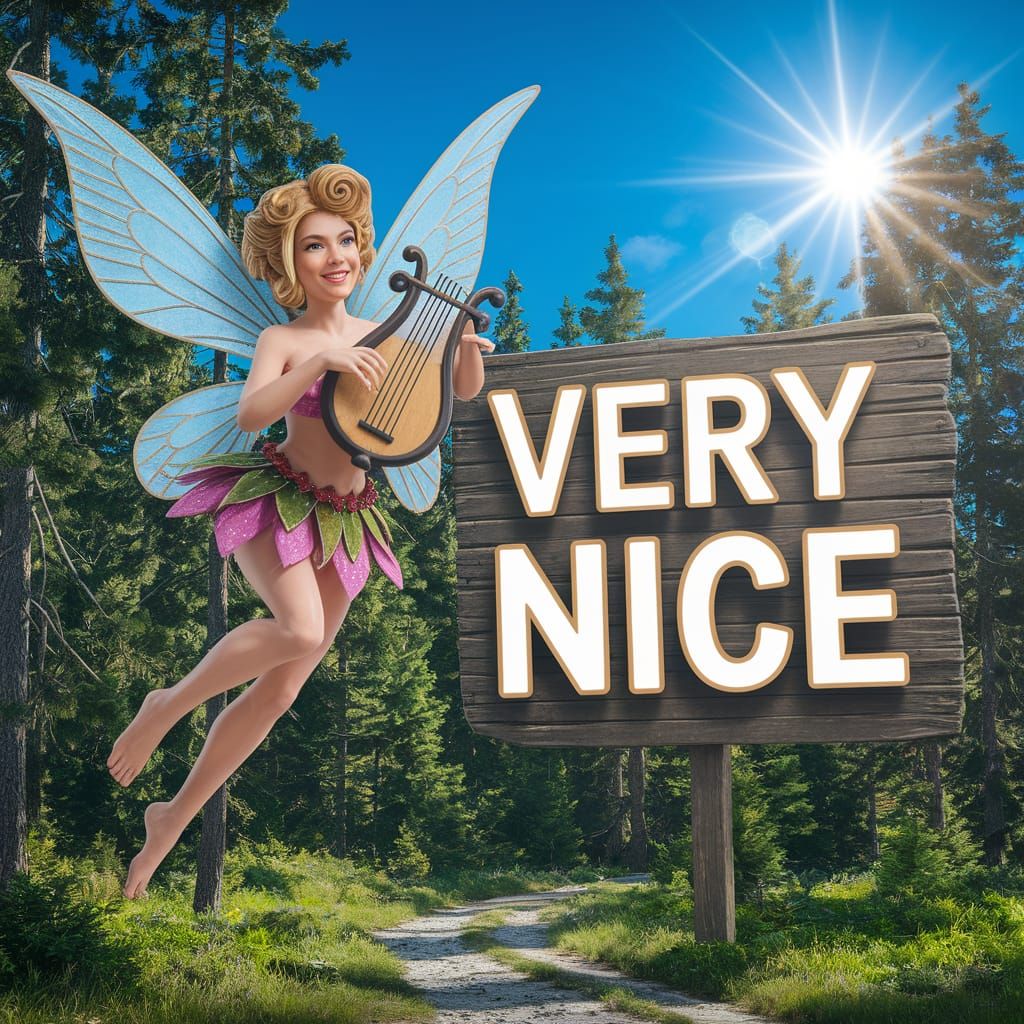 Smiling Fairy Plays Lyre in Forest: Hyperrealistic Photo