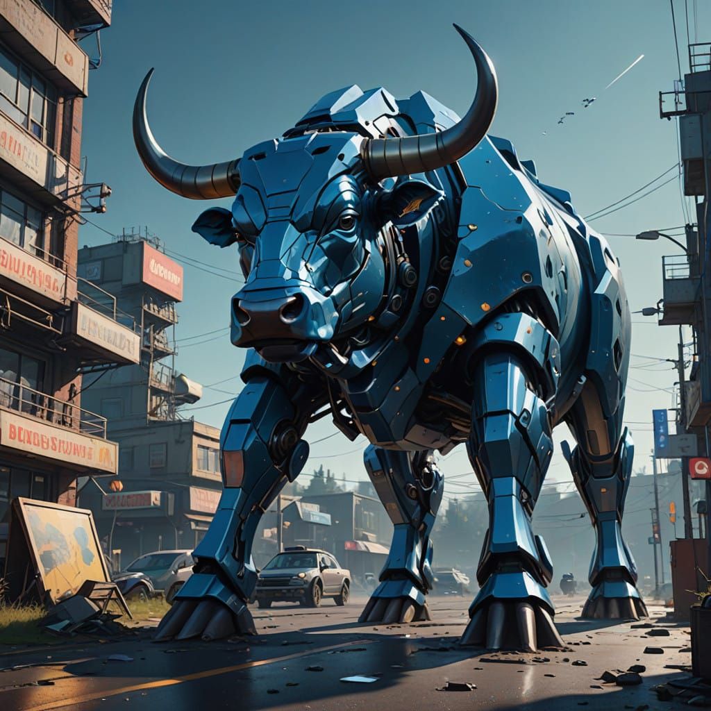 Majestic Blue Cow in Futuristic Landscape