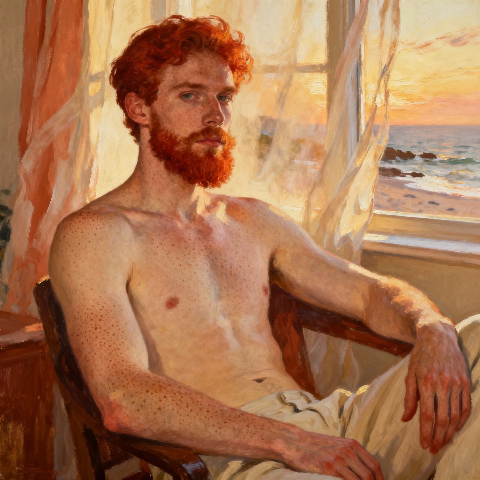 Red Haired Freckled Man in Vermeer Style Portrait
