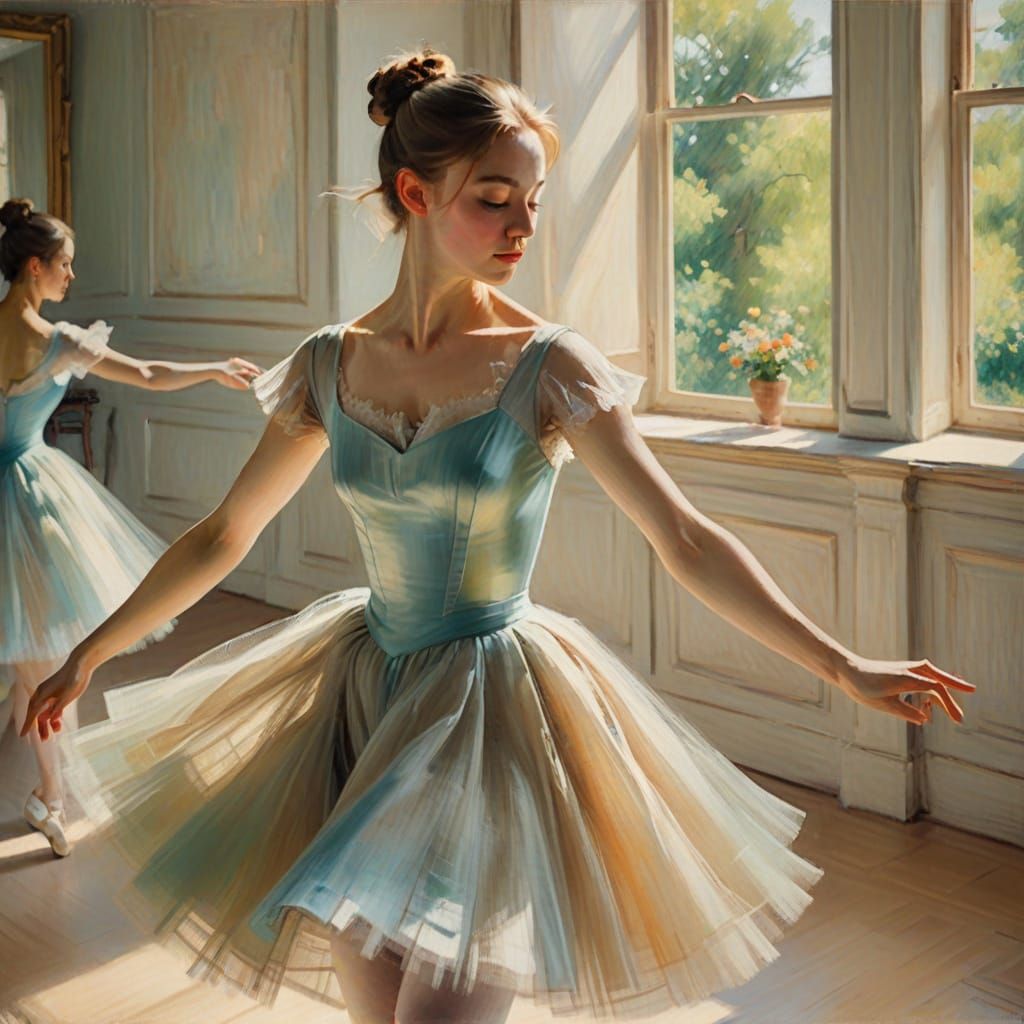 Ballet Dancer in Sunlit Studio: Impressionist Oil Painting