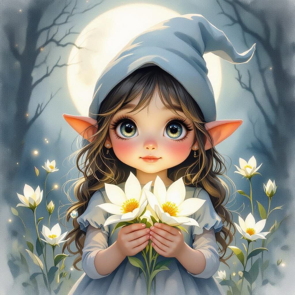 Gnome Girl with Moonflowers in Ethereal Moonlight