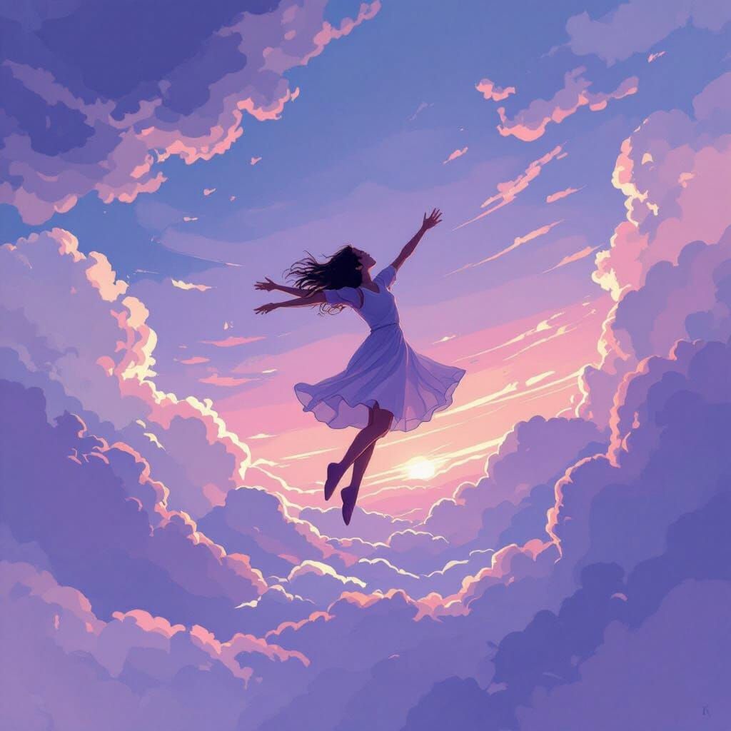 Person Soaring Through Ombre Purple Sky