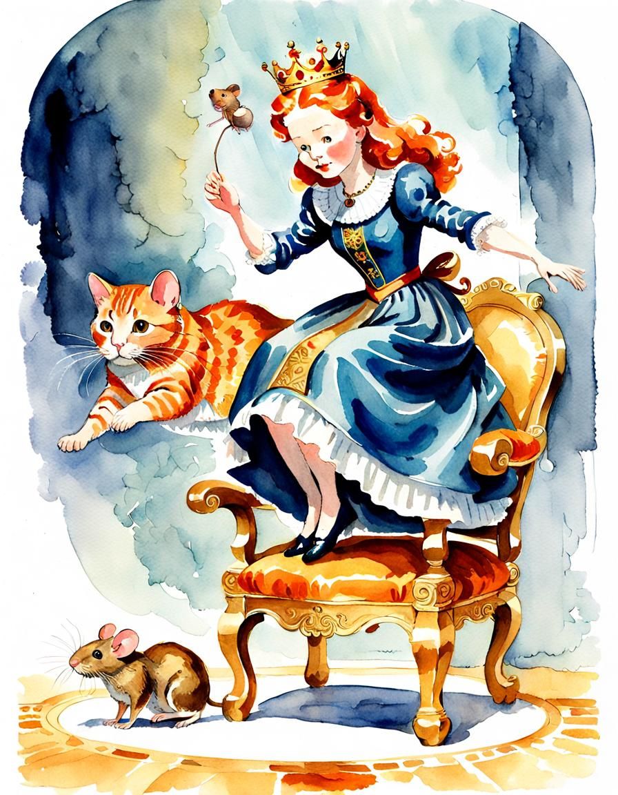 Ginger Cat Scares Mouse Under Queen's Chair