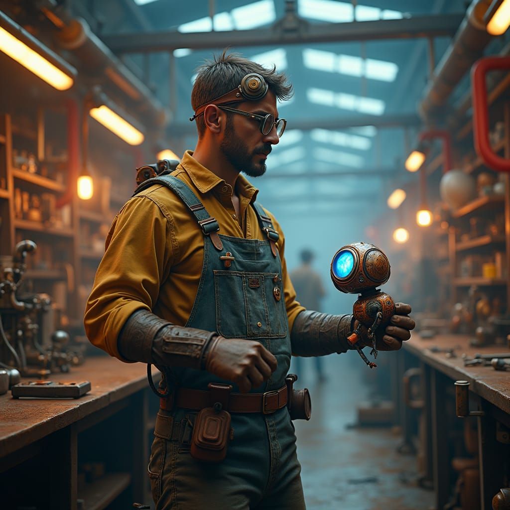 Futuristic Engineer Amongst Whirring Machines, Flanked by Lu...