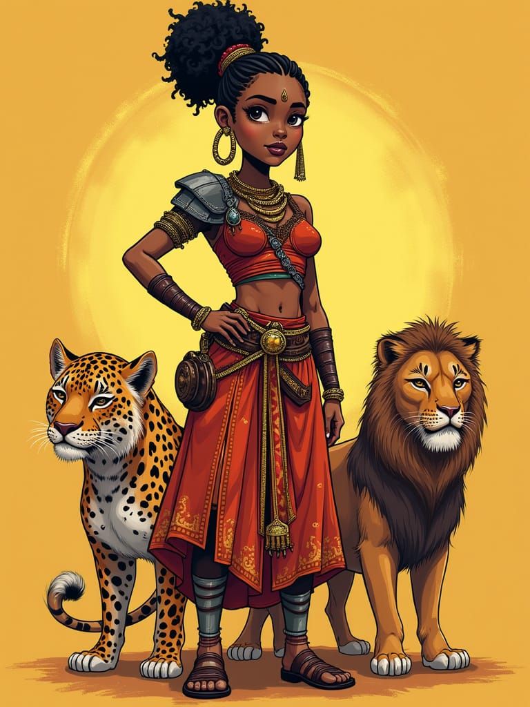 African Princess Warrior Surrounded by Majestic Beasts in Vi...