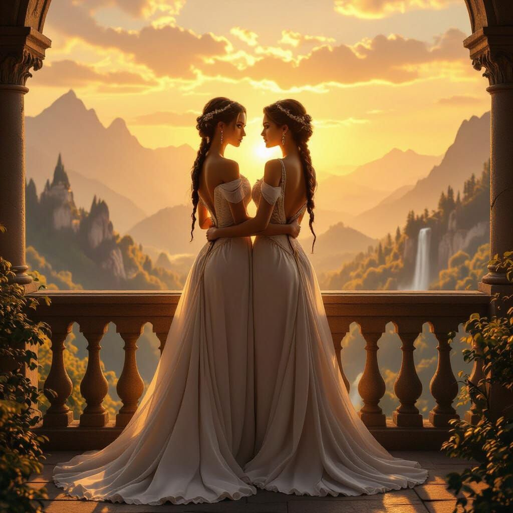 Sunset Embrace on Castle Balcony in Anime Style