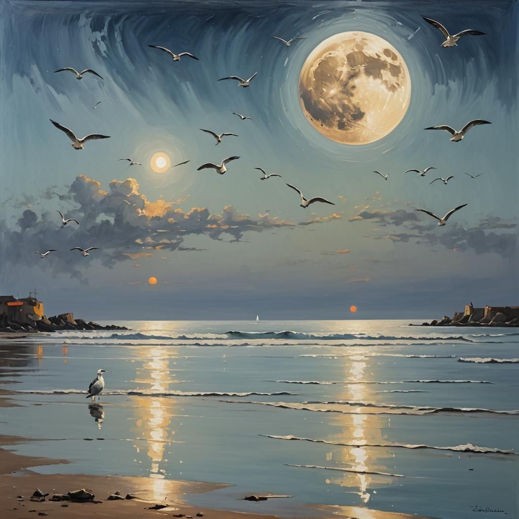 Tachisme Brushwork Masterpiece: Giant Moon Over Seaside Hori...