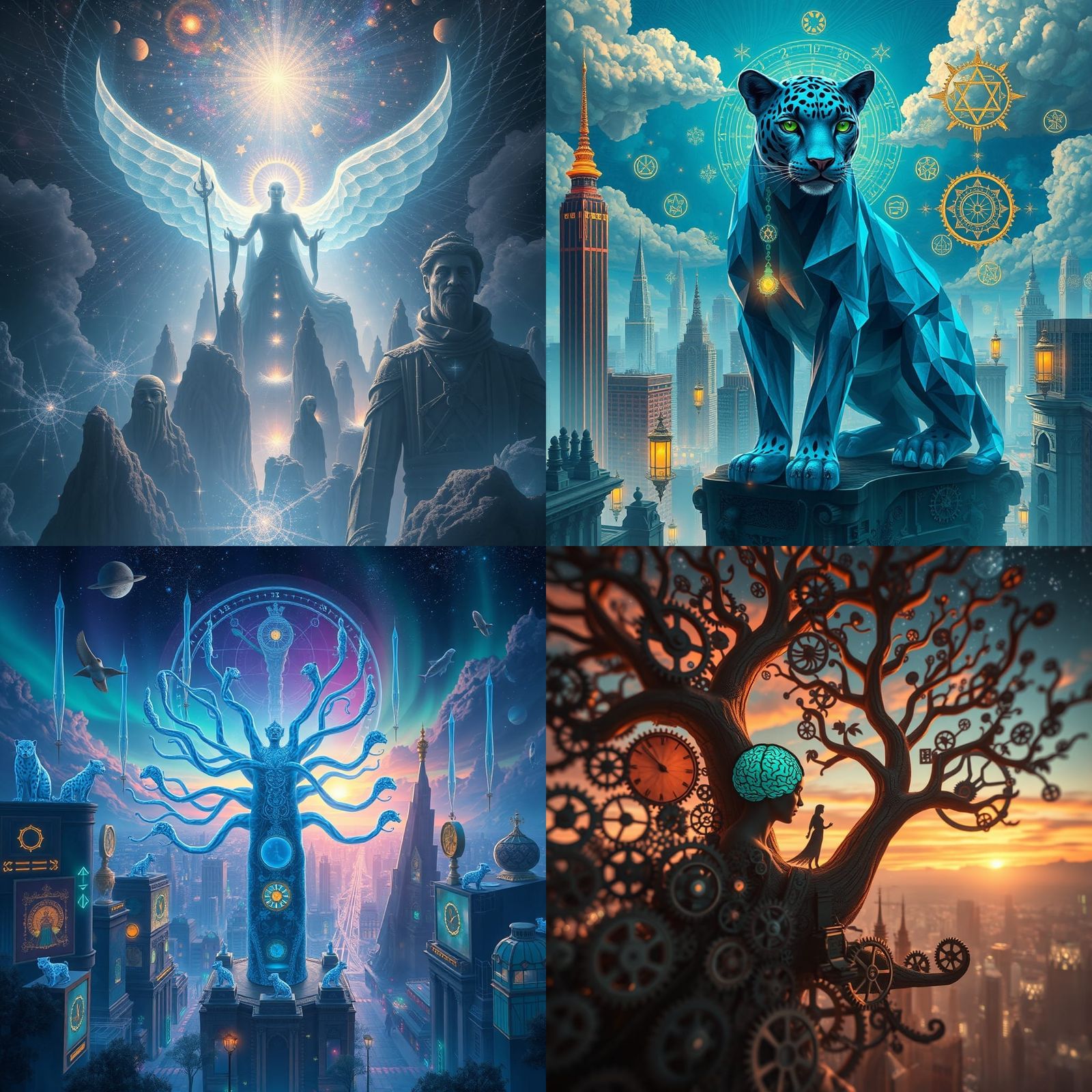 Cyberpunk Cityscape with Blue Leopard Gods and Timeless Arch...