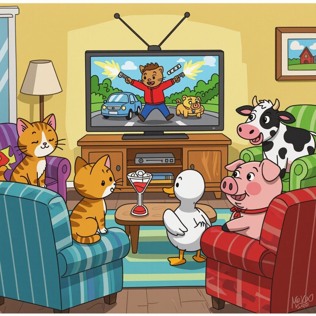 Farm Animals Watch Action Movies in Cozy Living Room