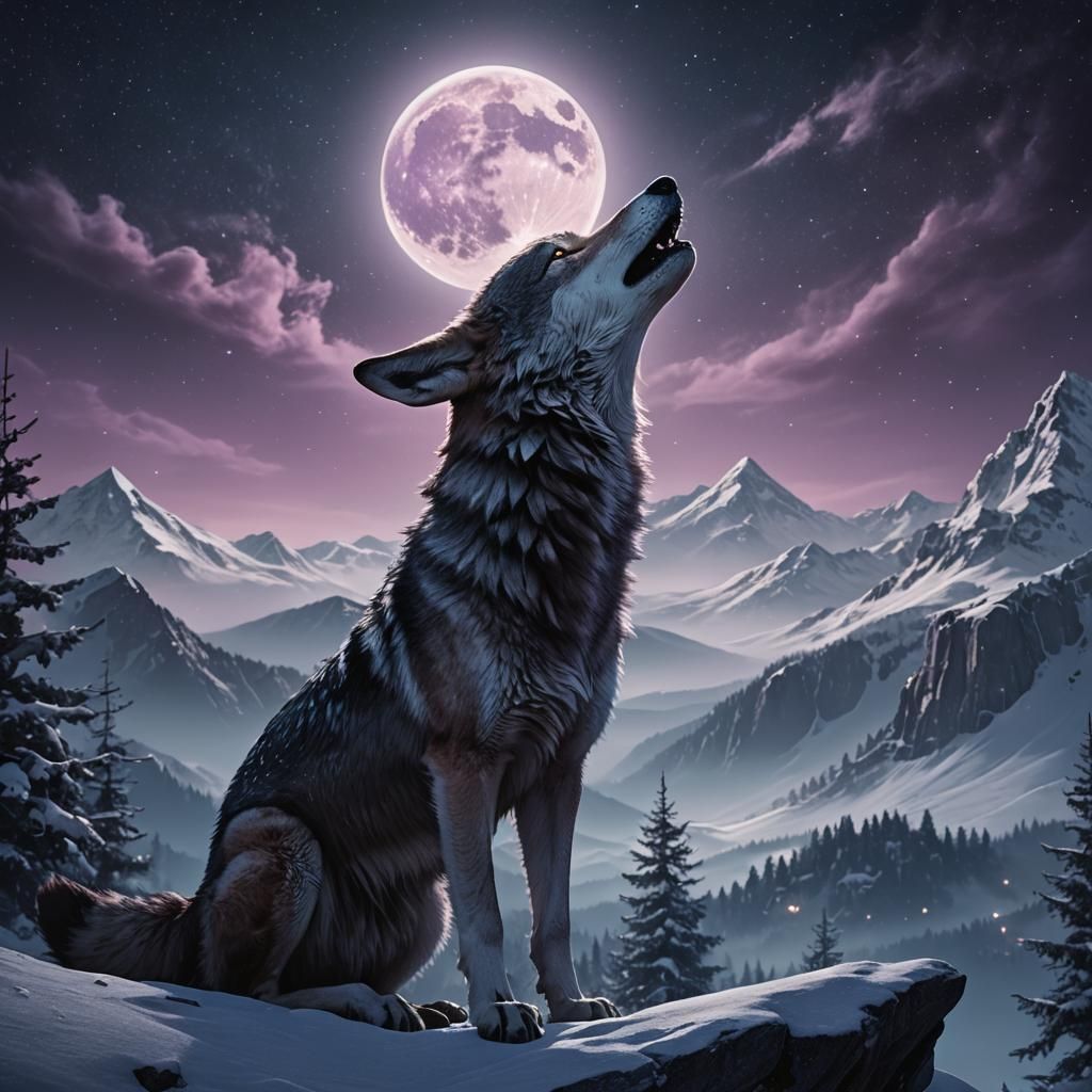 Ethereal Wolf Silhouettes Under Starry Mountains