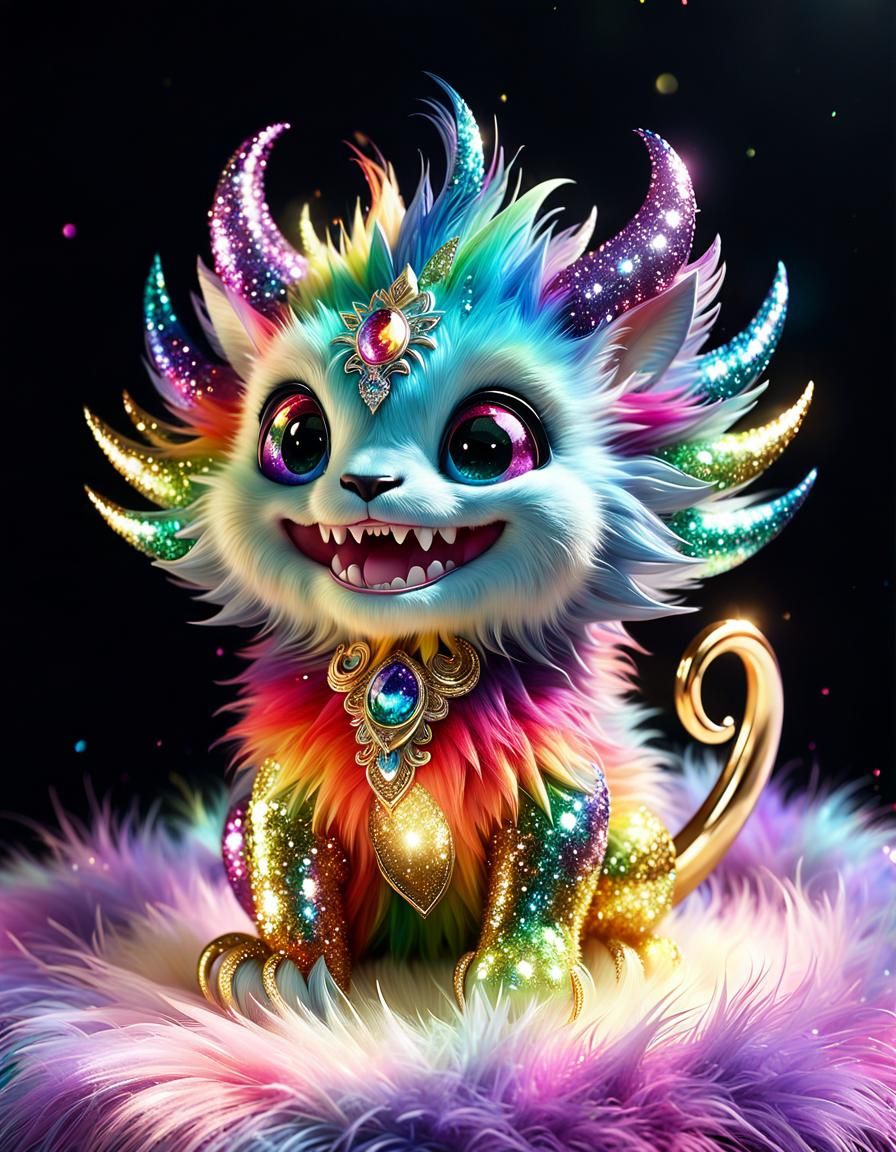 Glittering Alien Monster with Rainbow Fur and Sharp Teeth