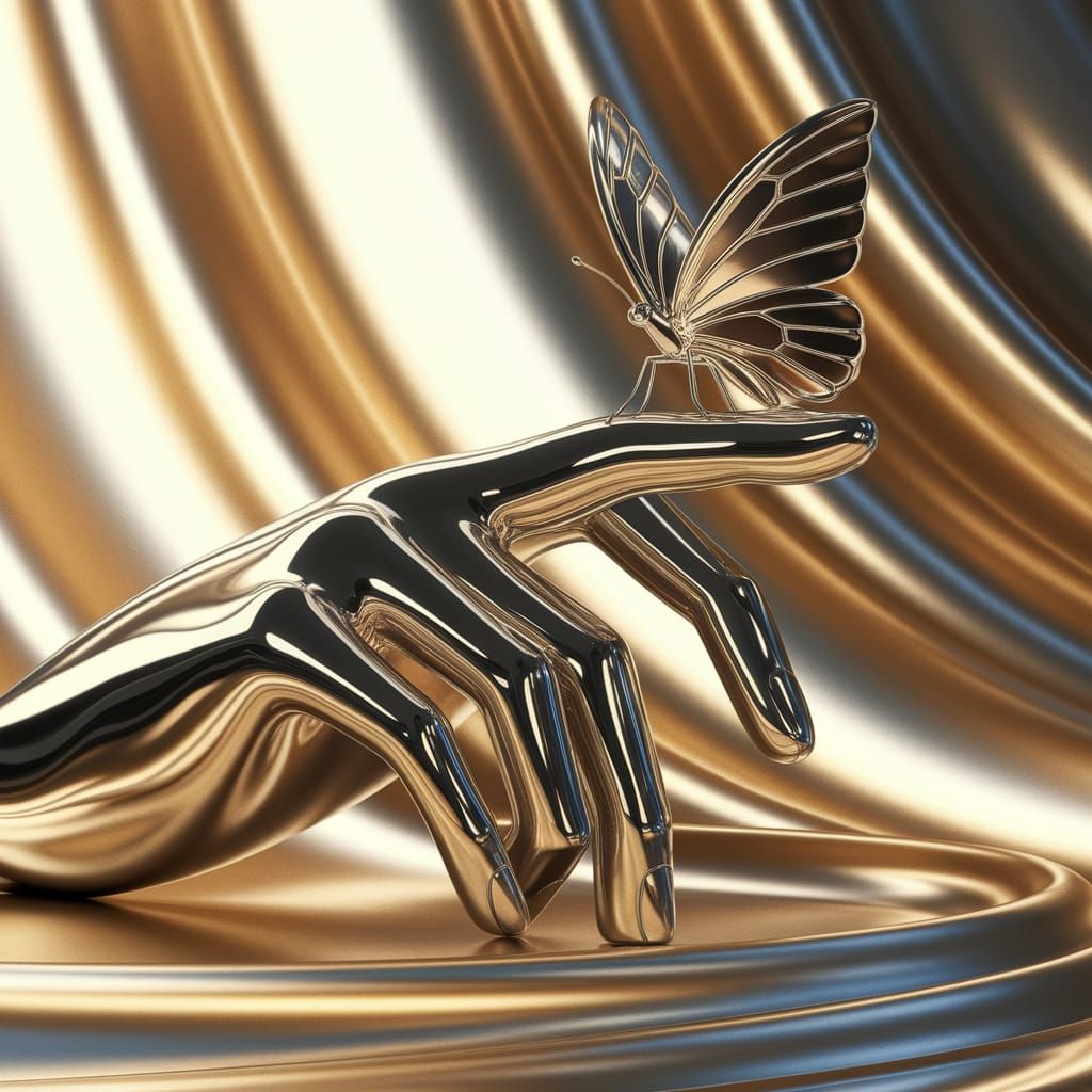 Elegant Chrome Statue with Delicate Butterfly