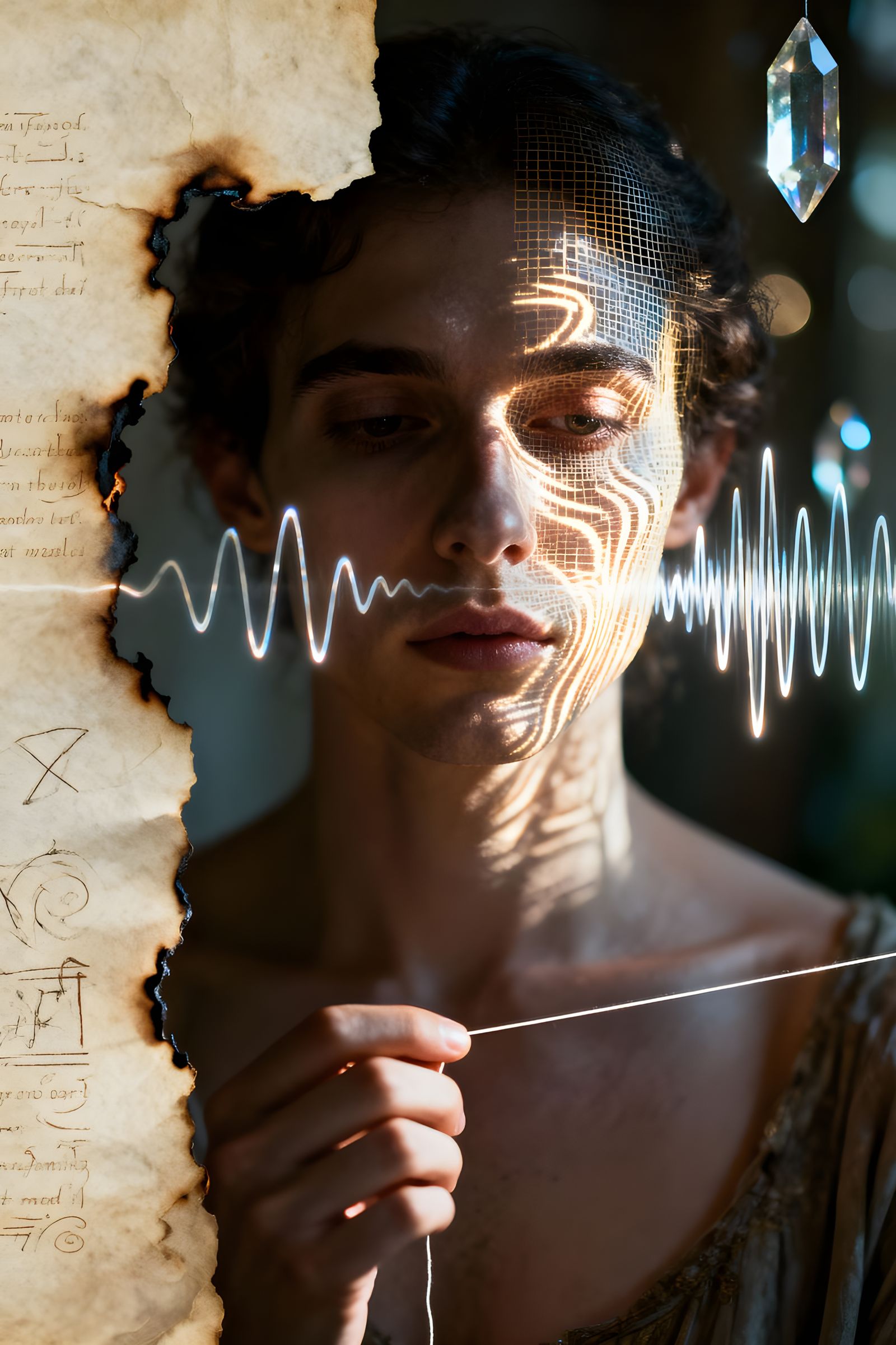 Figure Tuning Soundwaves in Hyperrealistic Portrait