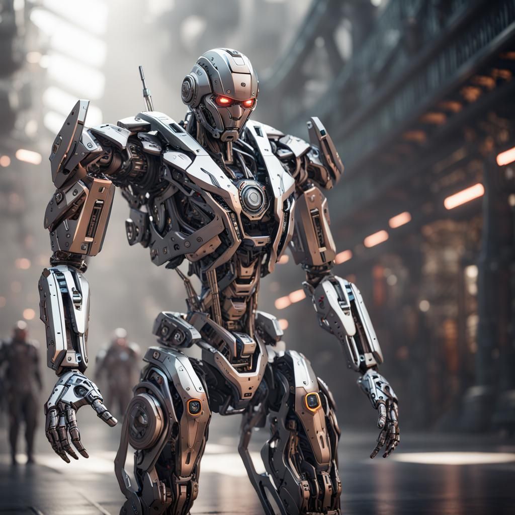 Cyborg Raises Hands in the Air - Futuristic Sci-Fi Portrait