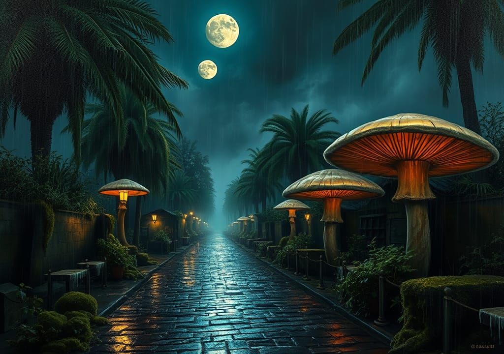 Fantasy Street Scene with Palm Trees and Giant Mushrooms und...