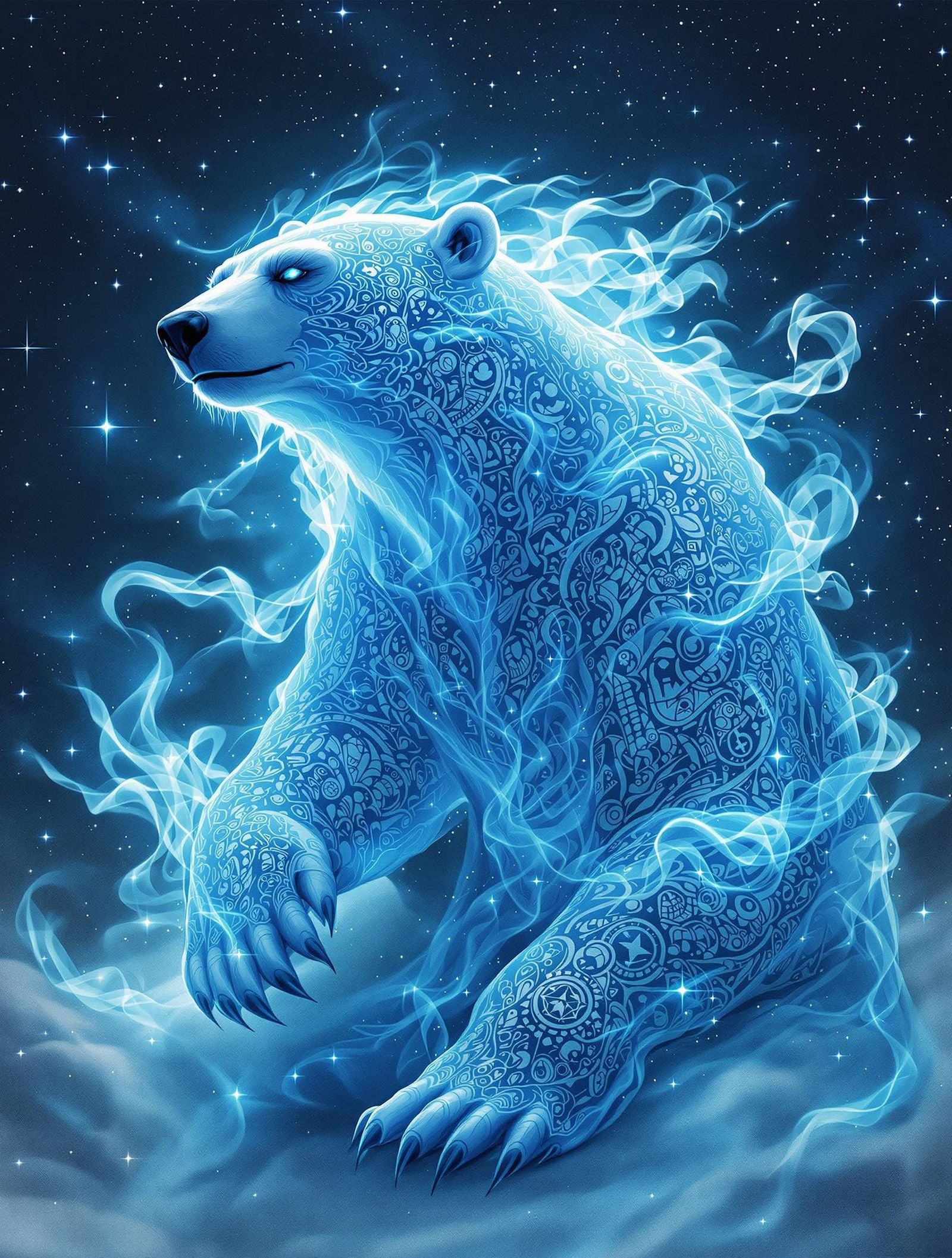 Mythic Polar Bear Emanates Blue Light in Starry Night Sky