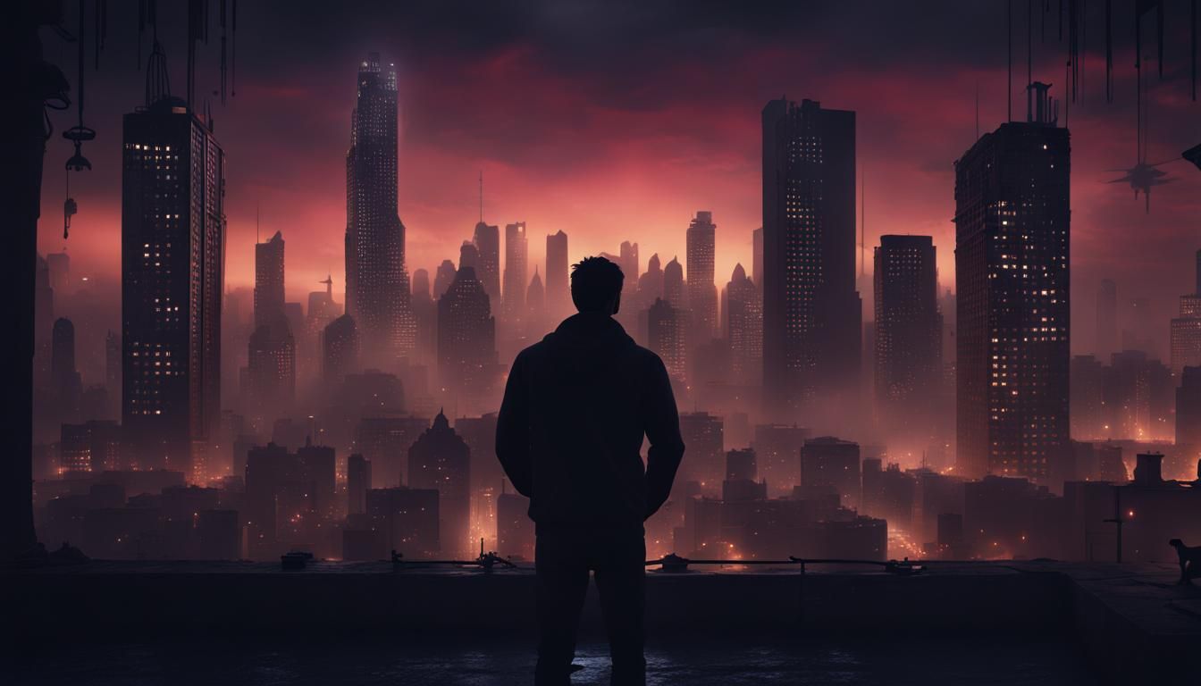Man's Silhouette Admires Downtown Cityscape Under Night Sky