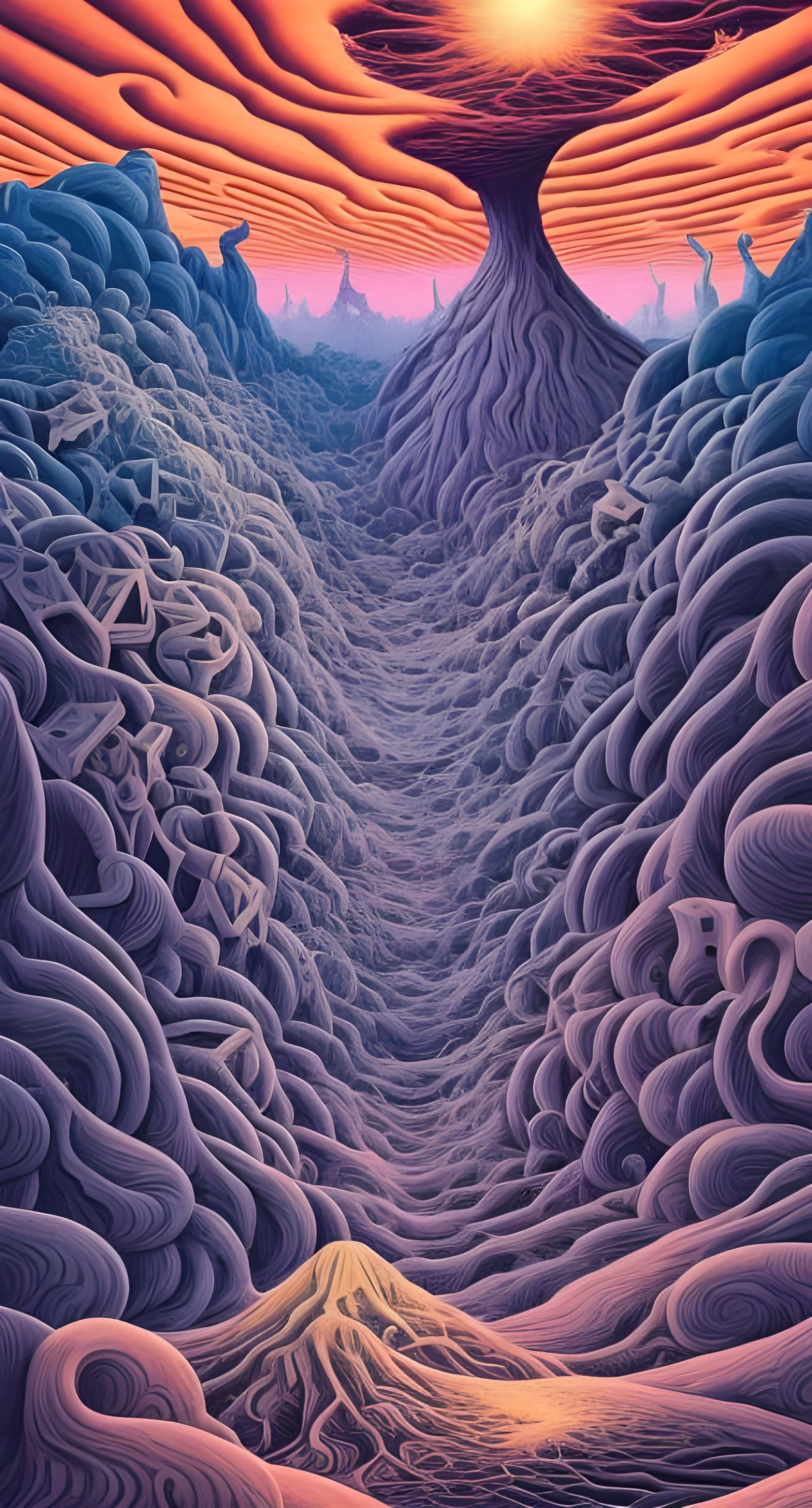 Psychedelic Landscape Inspired by Escher and Seuss